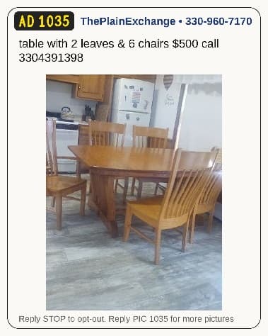 oak table with 2 leaves & 6 chairs reduced price $350 obo Con…