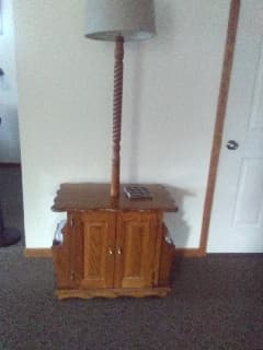 Solid red oak battery floor lamp with magazine rack $50 or be… — picture 1